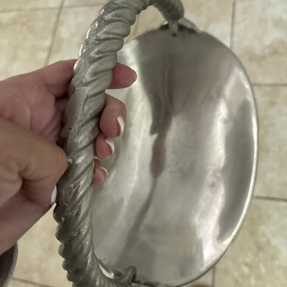 Vintage Cast Aluminum Pedestal Centerpiece Bowl Twisted Rope Handle Fruit Decor